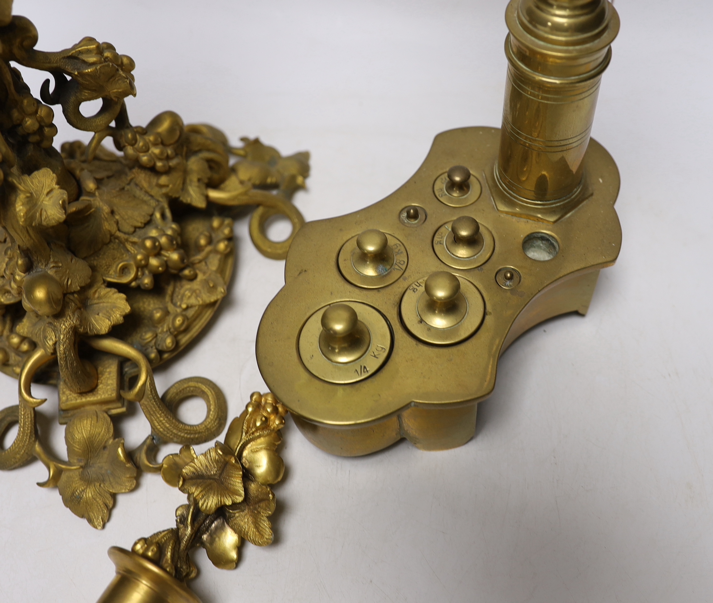 Set of vintage brass scales and a gilt metal grapevine column centrepiece